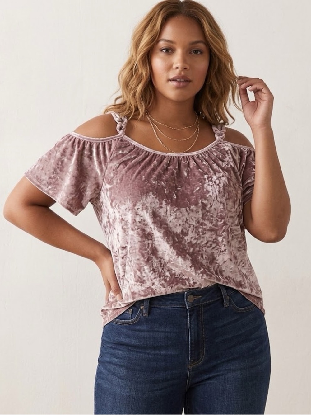 Emi & Joe Pink Boho Loose Fit Velvet Velour Cold Open Shoulder Blouse Size Large